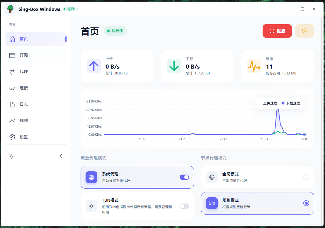 应用主界面,展示代理管理和系统状态